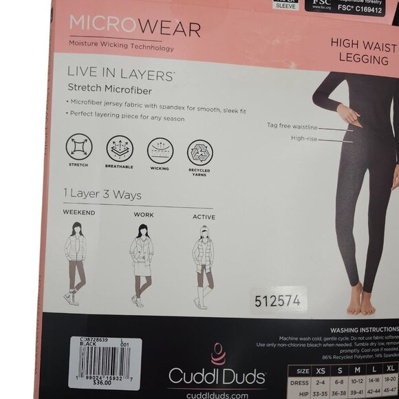 Cuddl Duds Womens High Waist Leggings L Microfiber Stretch Warm Layers Black - Picture 5 of 9